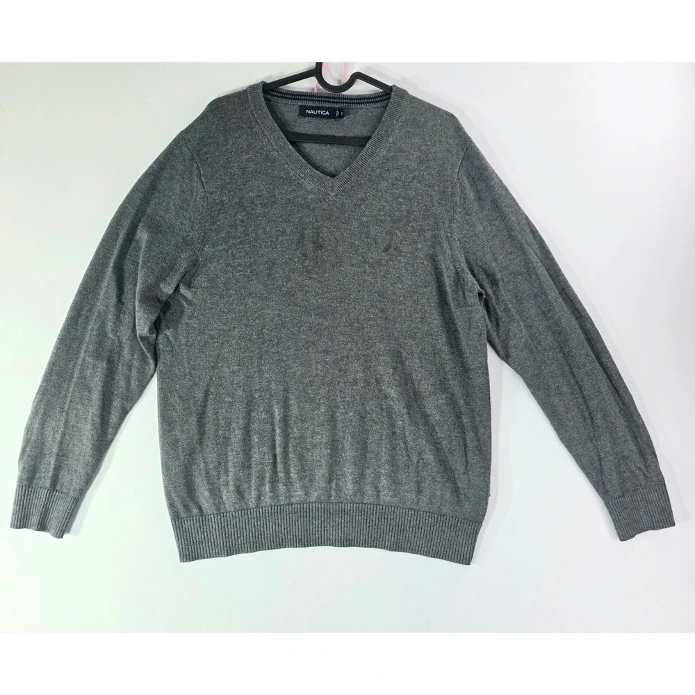 Nautica Mens V-Neck Sweater Gray Cotton Viscose Knit Pullover Small